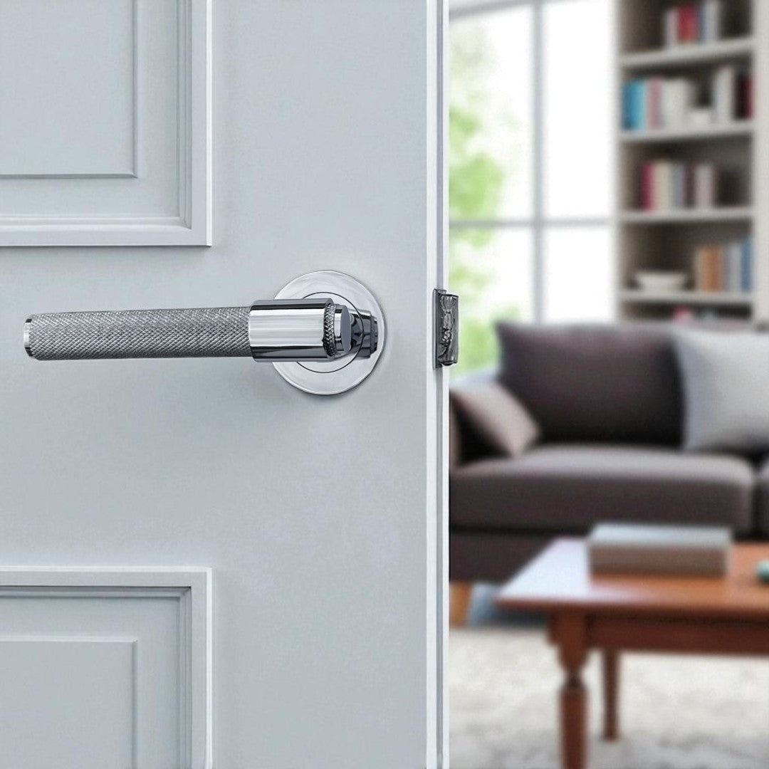 Knurled Door Handles Chrome Polished Loop & Neck Lever on Round Rose Latch