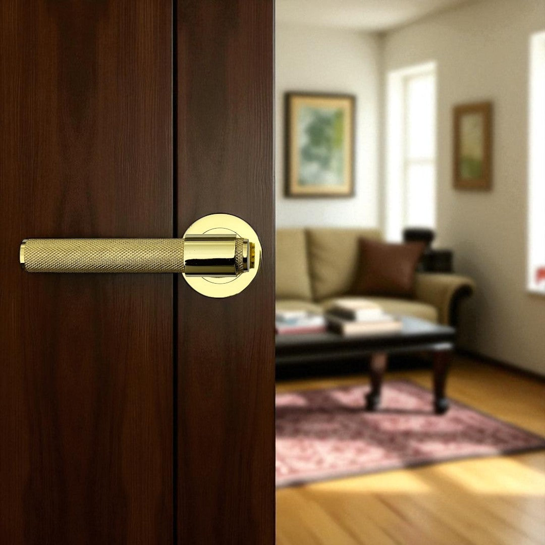 Knurled Door Handles Brass Polished Loop & Neck Lever on Round Rose Latch Handle