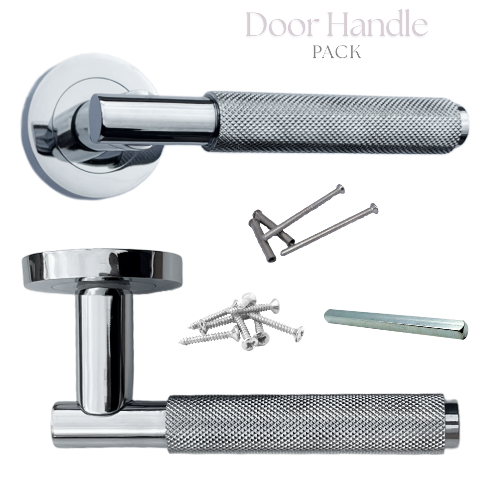 Knurled Turning Door Handles Polished Chrome– Lever on Round Rose Latch Handle