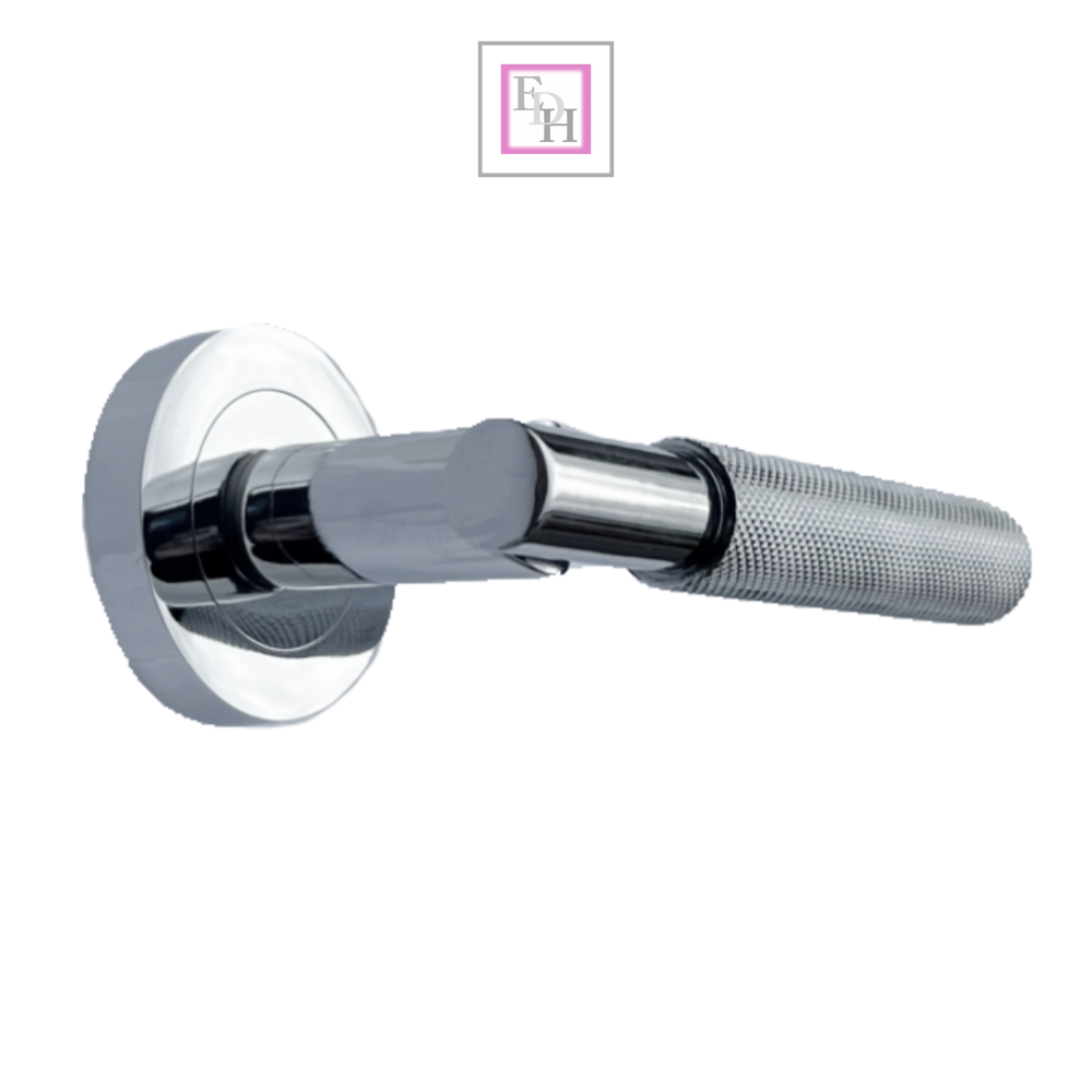 Knurled Turning Door Handles Polished Chrome– Lever on Round Rose Latch Handle