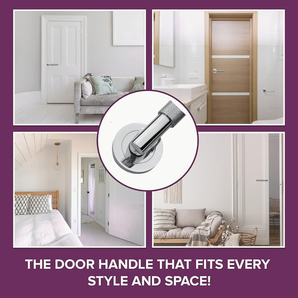 Knurled Turning Door Handles Polished Chrome– Lever on Round Rose Latch Handle
