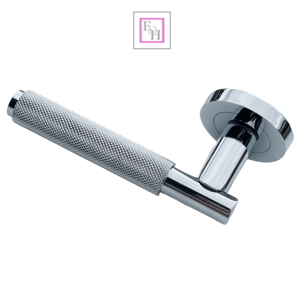 Knurled Turning Door Handles Polished Chrome– Lever on Round Rose Latch Handle