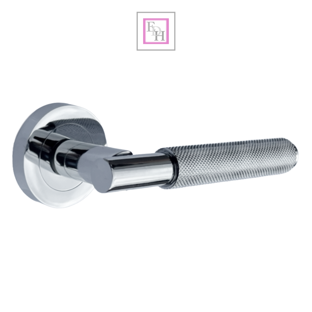 Knurled Turning Door Handles Polished Chrome– Lever on Round Rose Latch Handle