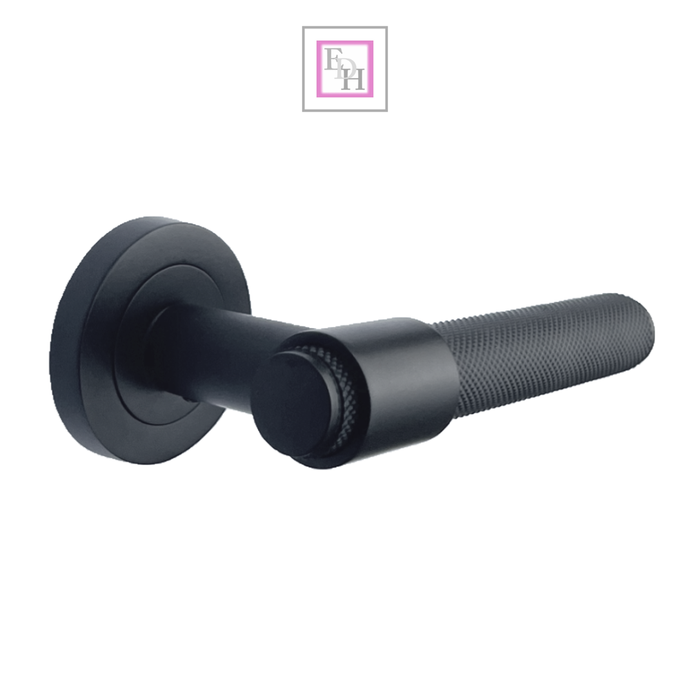 Knurled Door Handles Matt Black Loop & Neck Lever on Round Rose Latch
