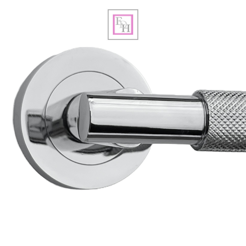 Knurled Turning Door Handles Polished Chrome– Lever on Round Rose Latch Handle