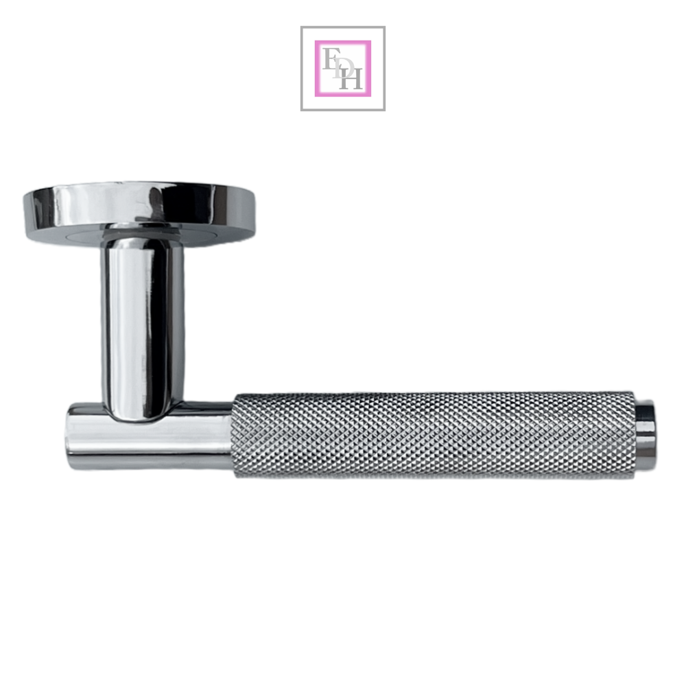 Knurled Turning Door Handles Polished Chrome– Lever on Round Rose Latch Handle