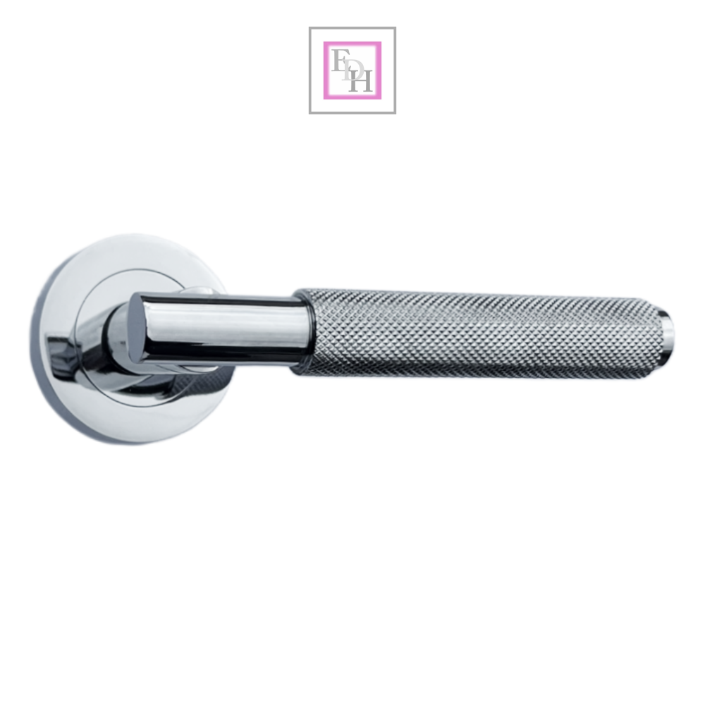 Knurled Turning Door Handles Polished Chrome– Lever on Round Rose Latch Handle