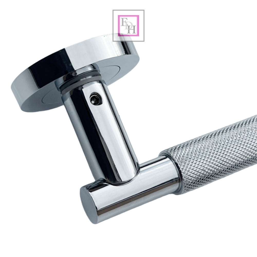 Knurled Turning Door Handles Polished Chrome– Lever on Round Rose Latch Handle