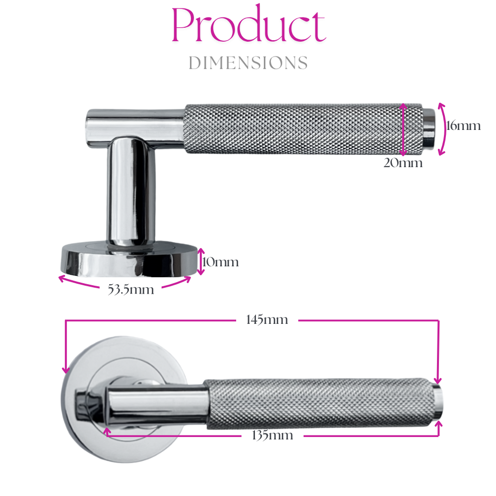 Knurled Turning Door Handles Polished Chrome– Lever on Round Rose Latch Handle