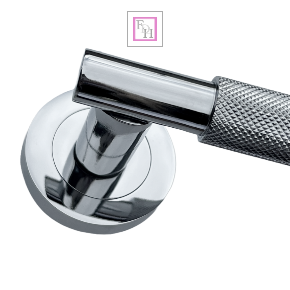 Knurled Turning Door Handles Polished Chrome– Lever on Round Rose Latch Handle