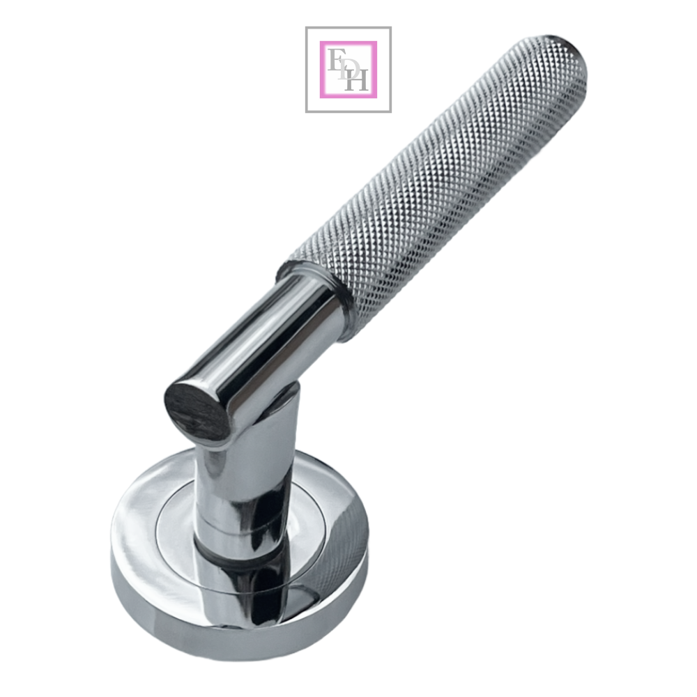 Knurled Turning Door Handles Polished Chrome– Lever on Round Rose Latch Handle