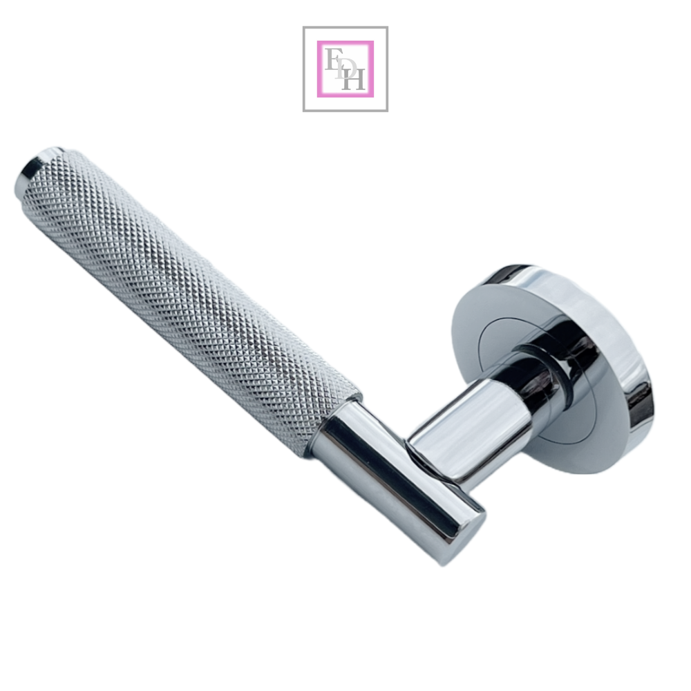 Knurled Turning Door Handles Polished Chrome– Lever on Round Rose Latch Handle