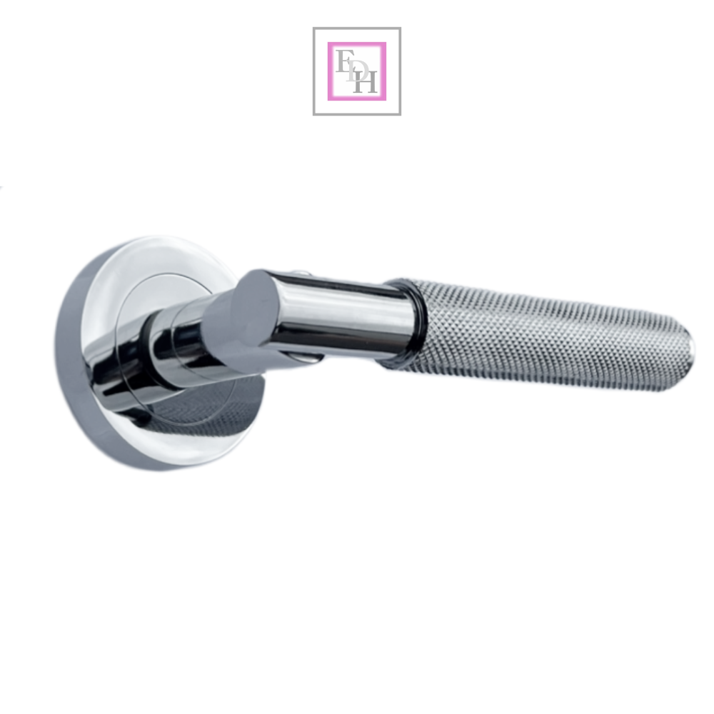 Knurled Turning Door Handles Polished Chrome– Lever on Round Rose Latch Handle