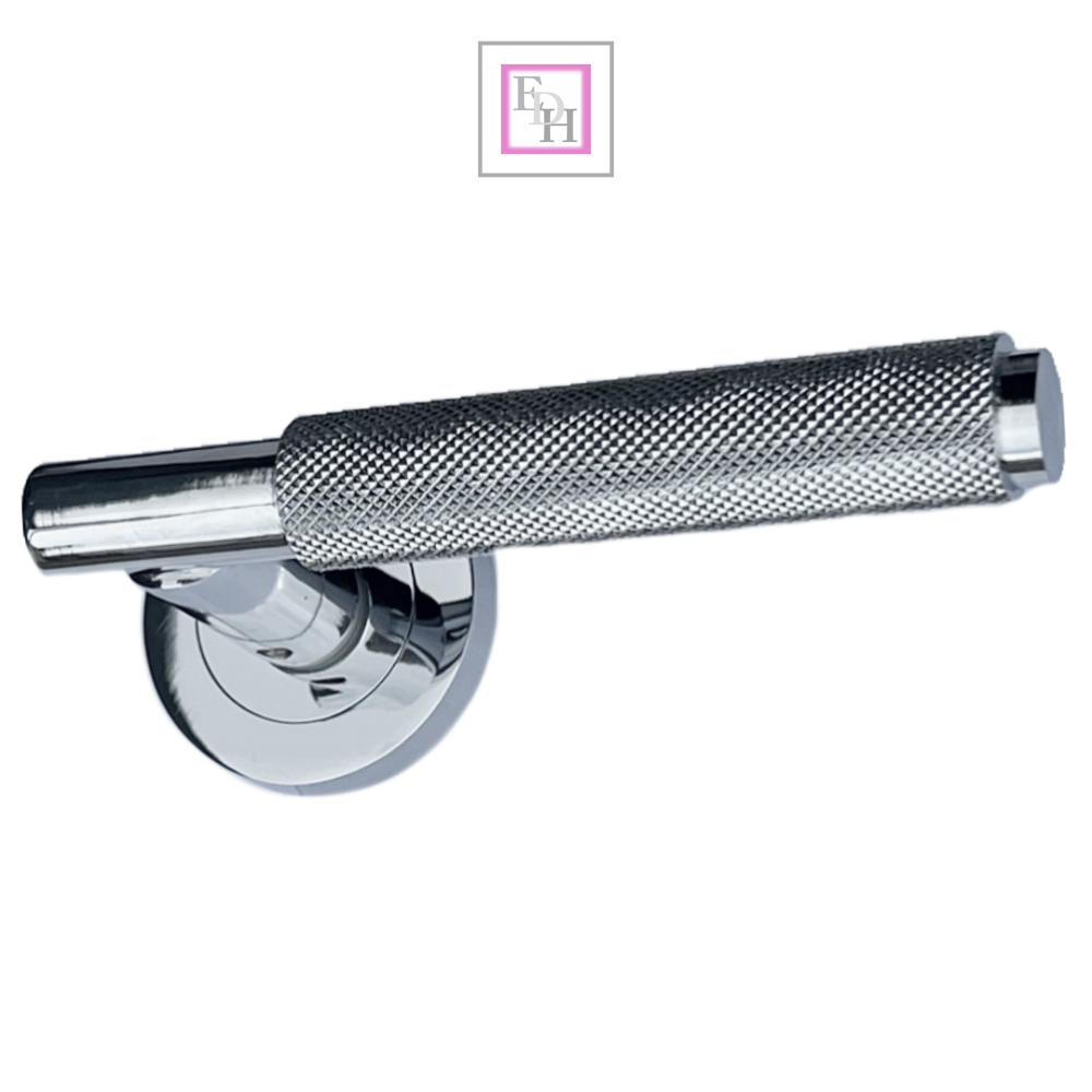 Knurled Turning Door Handles Polished Chrome– Lever on Round Rose Latch Handle