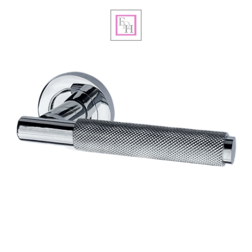 Knurled Turning Door Handles Polished Chrome– Lever on Round Rose Latch Handle