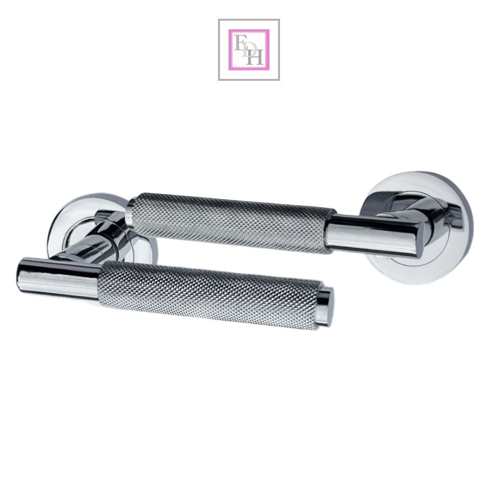 Knurled Turning Door Handles Polished Chrome– Lever on Round Rose Latch Handle
