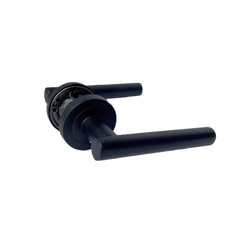 Matt Black T Bar Door Handles on Round Rose with Tubular Latch – 1 Pair