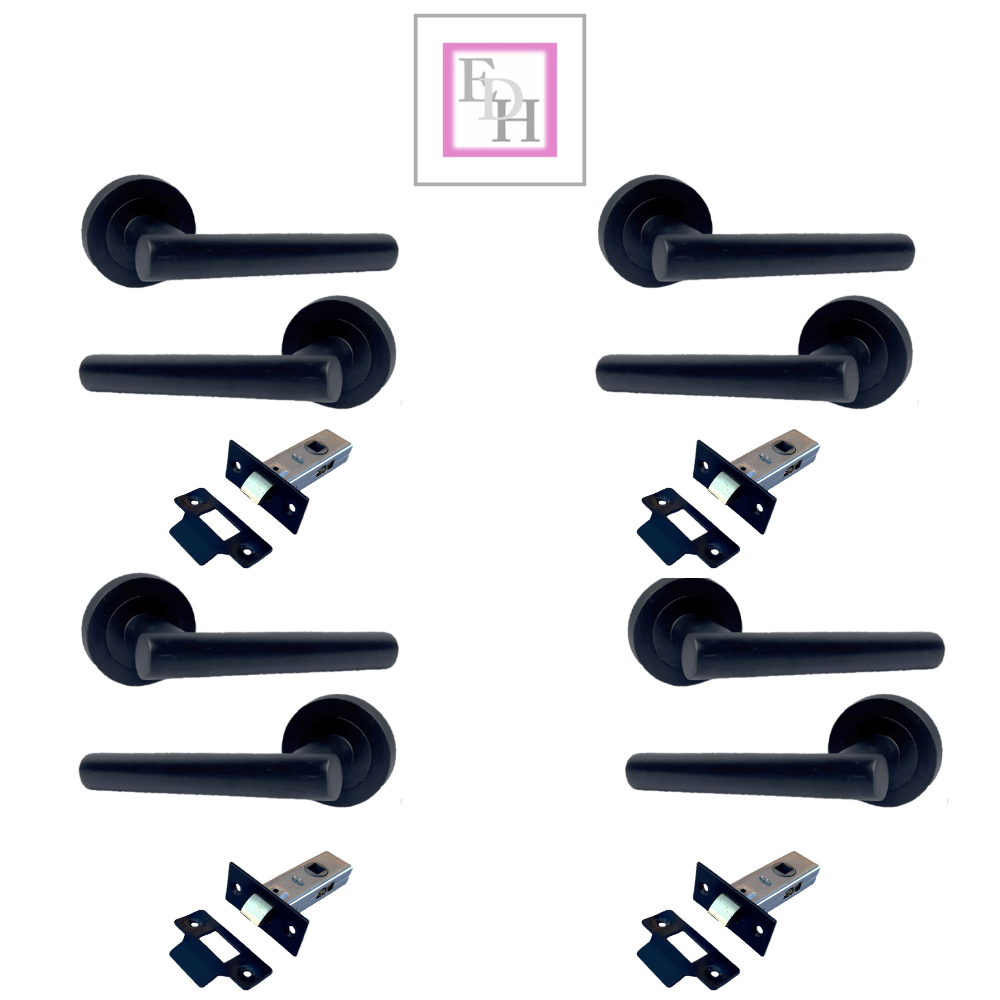 Matt Black T Bar Door Handles on Round Rose with Tubular Latch – 4 Pairs