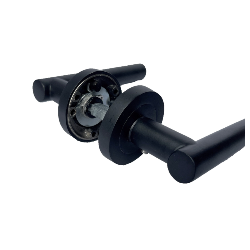 DOOR HANDLES Stylish MATT BLACK T BAR on Round Rose STRAIGHT HANDLE 1 - 10 sets