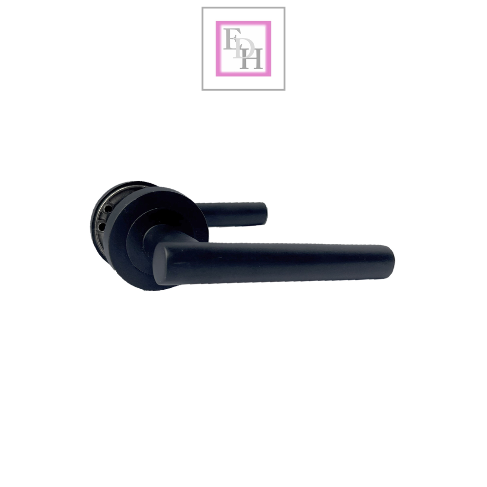 Matt Black T Bar Door Handles on Round Rose with Tubular Latch – 4 Pairs