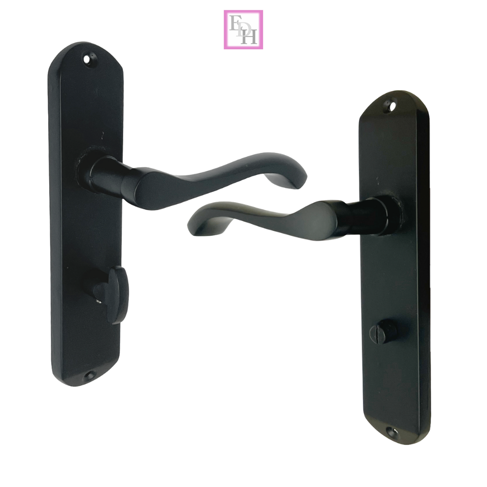 Cadenza Modern Matt Black Scroll Door Handles Bathroom Lock Handle 178mm x 40mm
