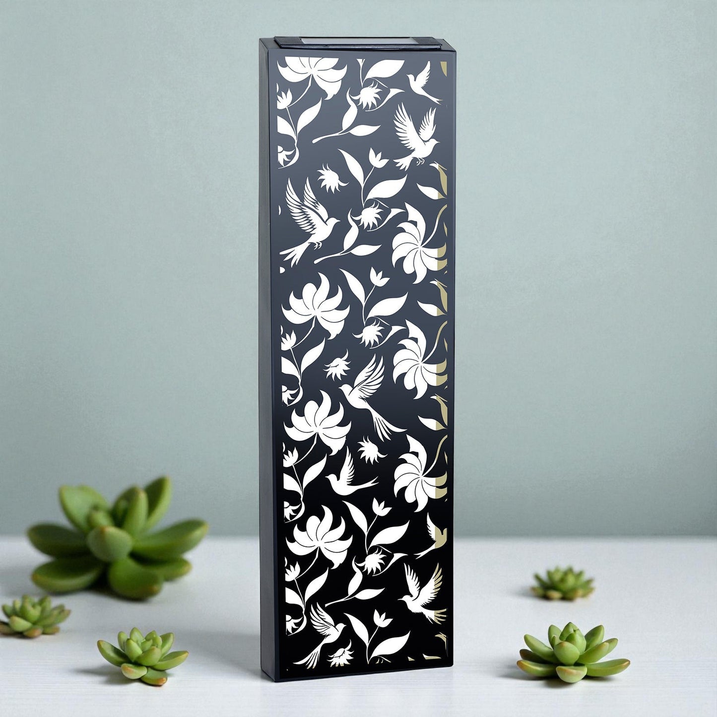 Narrow Solar Wall Panel with Birds – Outdoor Metal Wall Art with LED Light | Weatherproof Garden & Fence Décor Birds Silhouette (60×20×5cm)