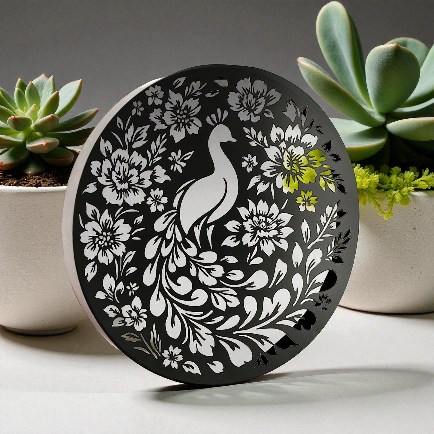 Round Solar Wall Panel with Peacock Outdoor Metal Wall Art with LED Light Weatherproof Garden & Patio Décor | Circular Peacock Panel (40cm)