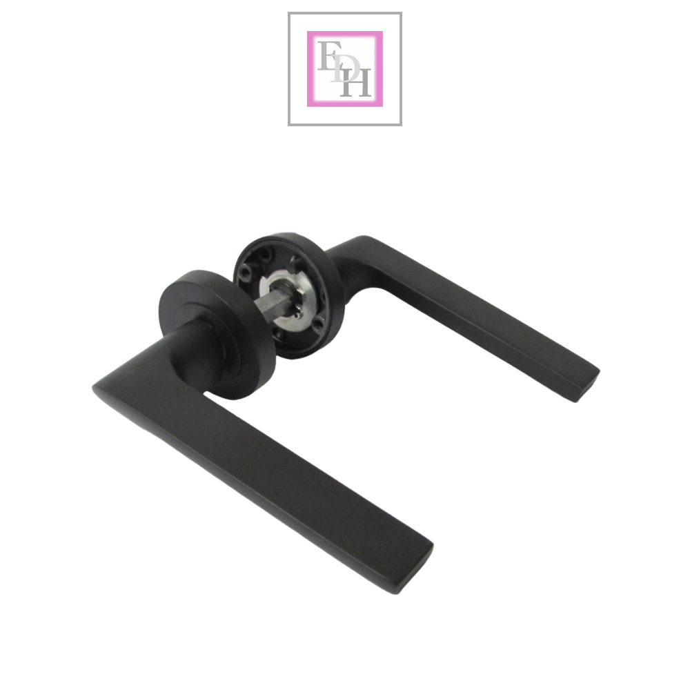 Modern Matt Black Lever on Rose Plate Door Handle Set with Tubular Latch – 1 Pairs, 52mm Round Rose Plate & 127mm Lever Handle – Contemporary Interior Door Hardware
