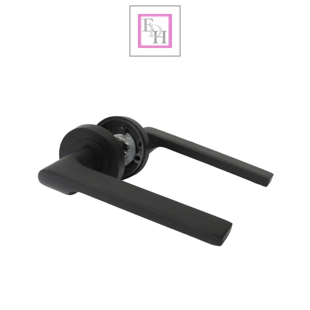 Modern Matt Black Lever on Rose Plate Door Handle Set with Tubular Latch – 1 Pairs, 52mm Round Rose Plate & 127mm Lever Handle – Contemporary Interior Door Hardware