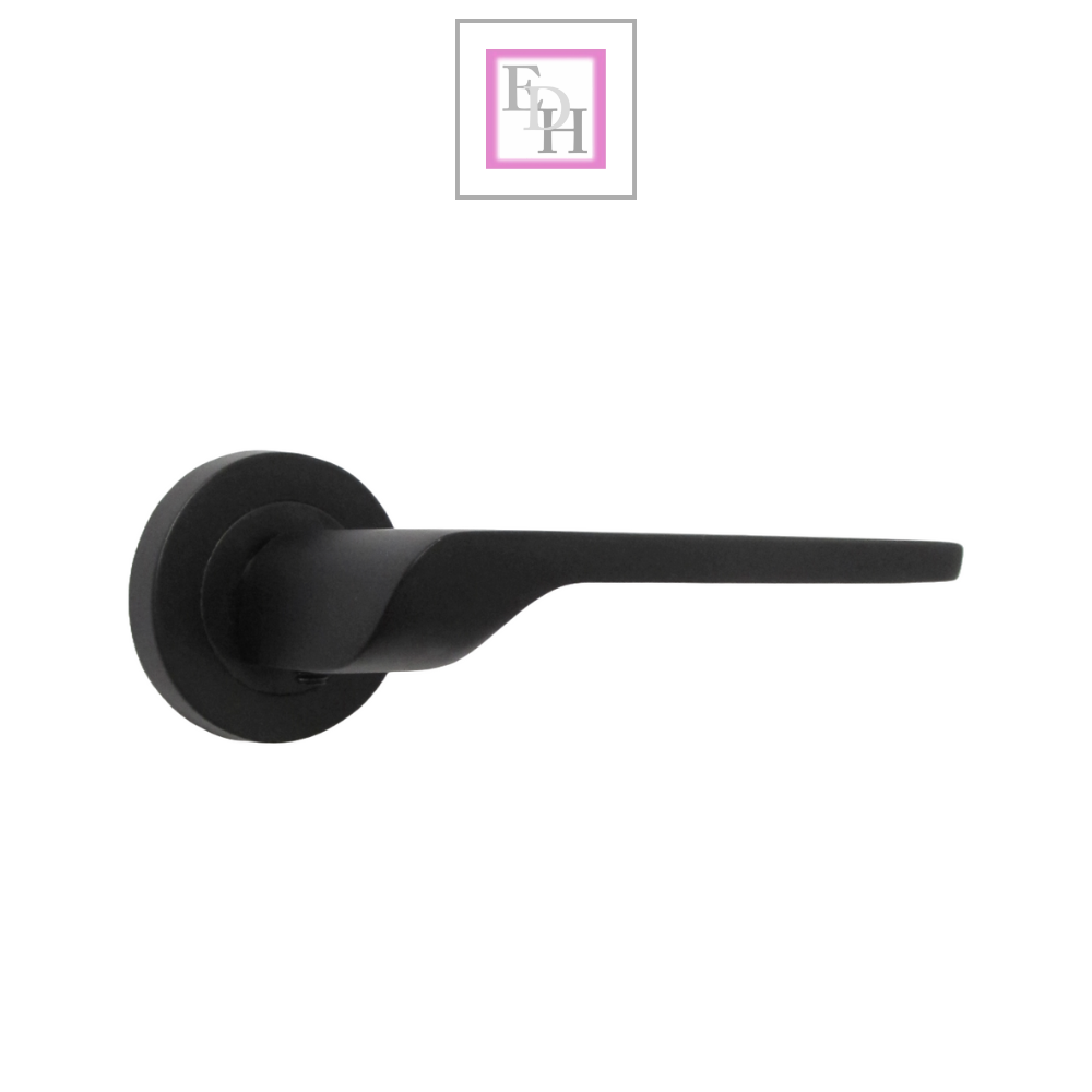 Modern Matt Black Lever on Rose Plate Door Handle Set with Tubular Latch – 1 Pairs, 52mm Round Rose Plate & 127mm Lever Handle – Contemporary Interior Door Hardware