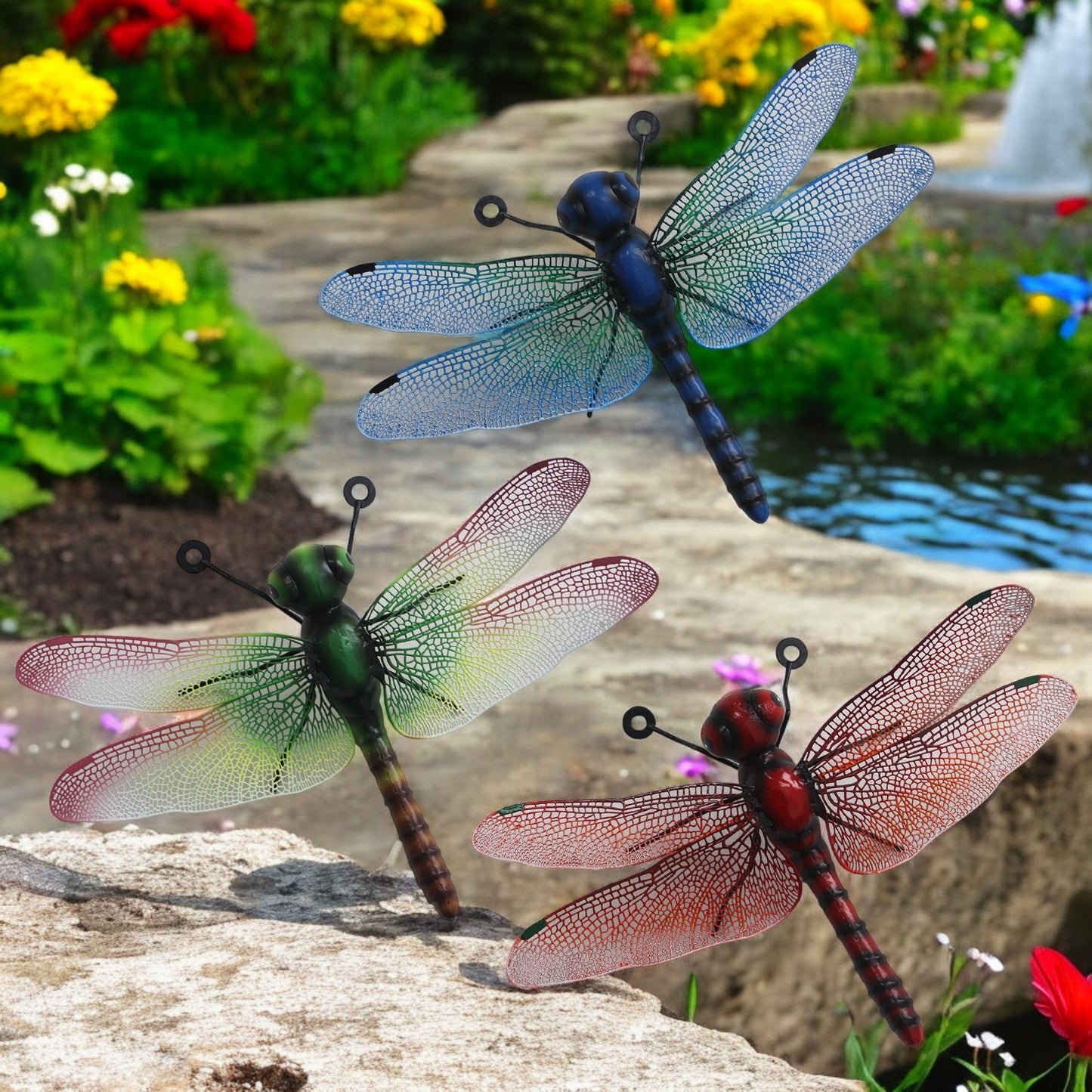 Small Metal Dragonfly Wall Art - Green, Blue & Red