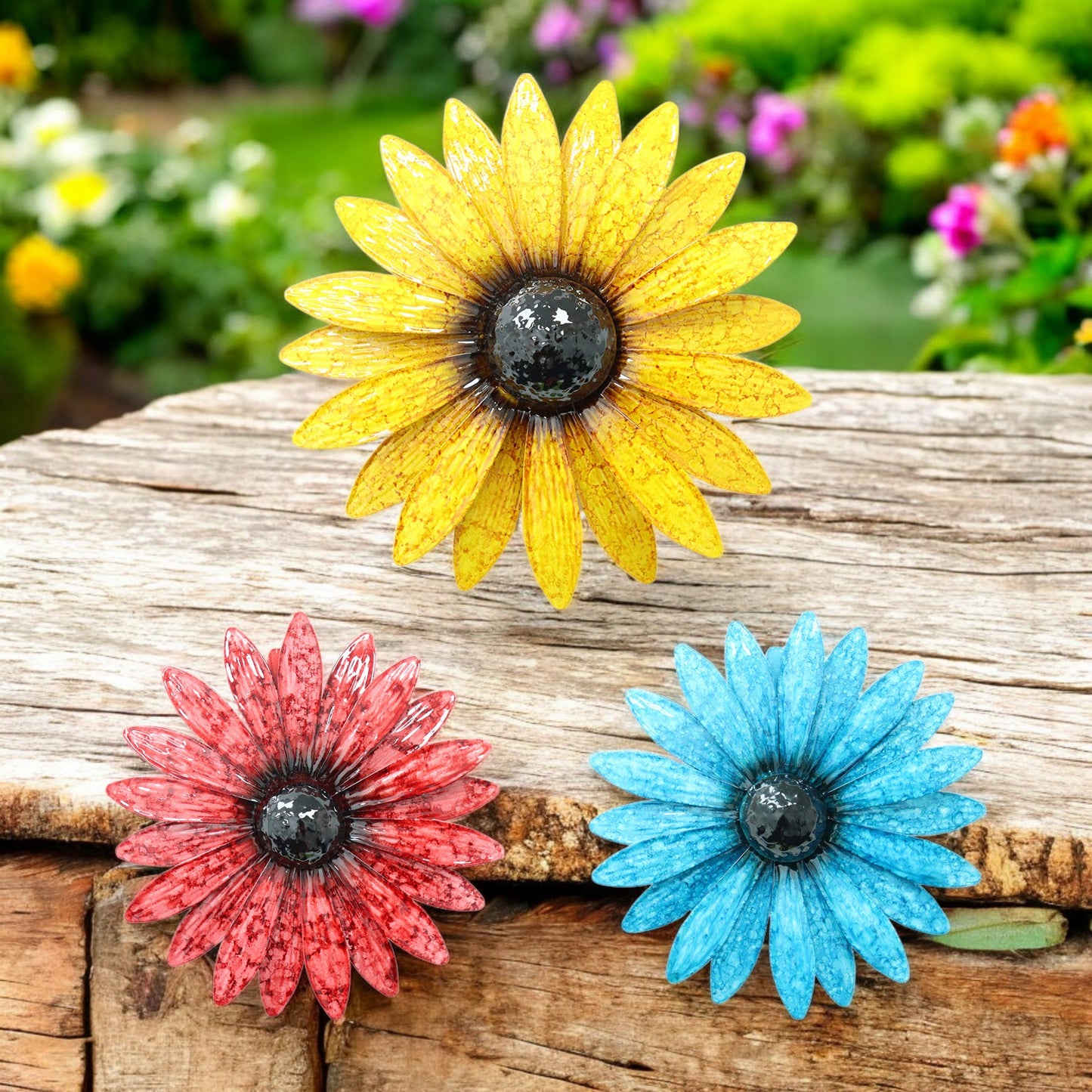 Set of 3 Metal Wall Mounted Glossy Daisies