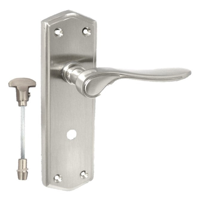 Satin Finish Bathroom Door Handle On Shaped Backplate + Bath Lock