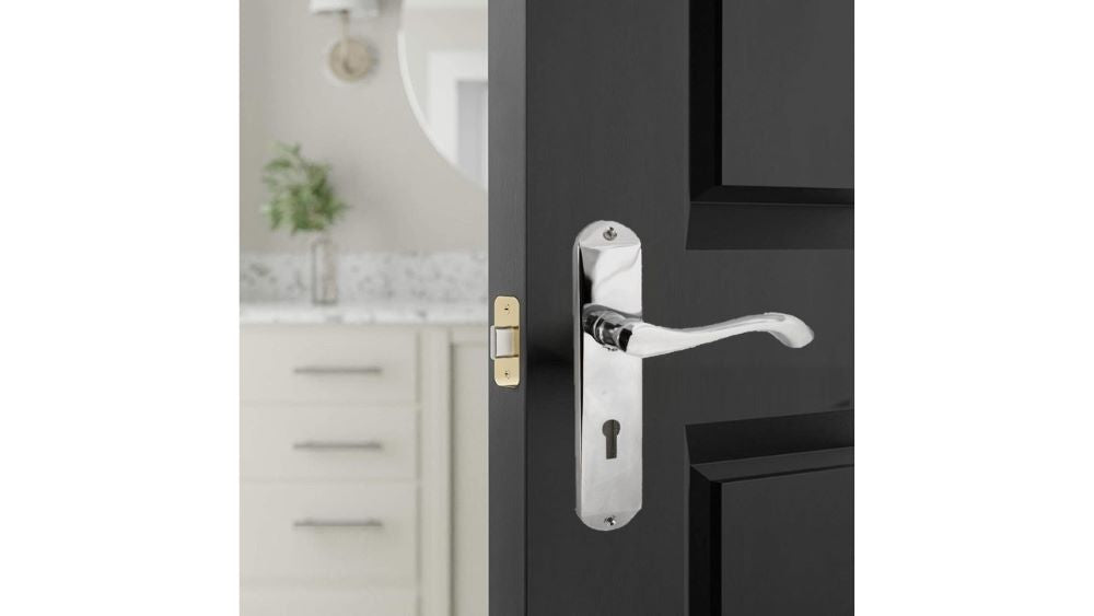 Cadenza Door Handles on Backplate Chrome Scroll Lock Handle