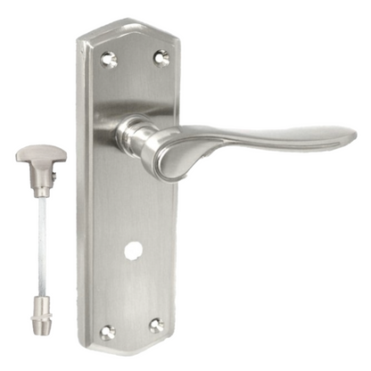 Satin Finish Bathroom Door Handle On Shaped Backplate + Bath Lock