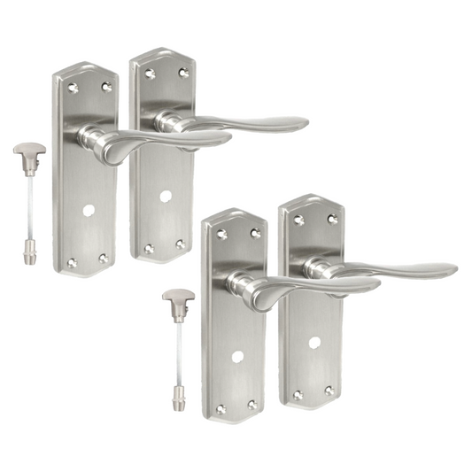 Satin Finish Bathroom Door Handle On Shaped Backplate + Bath Lock
