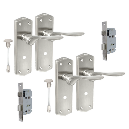 Satin Finish Bathroom Door Handle On Shaped Backplate + Bath Lock