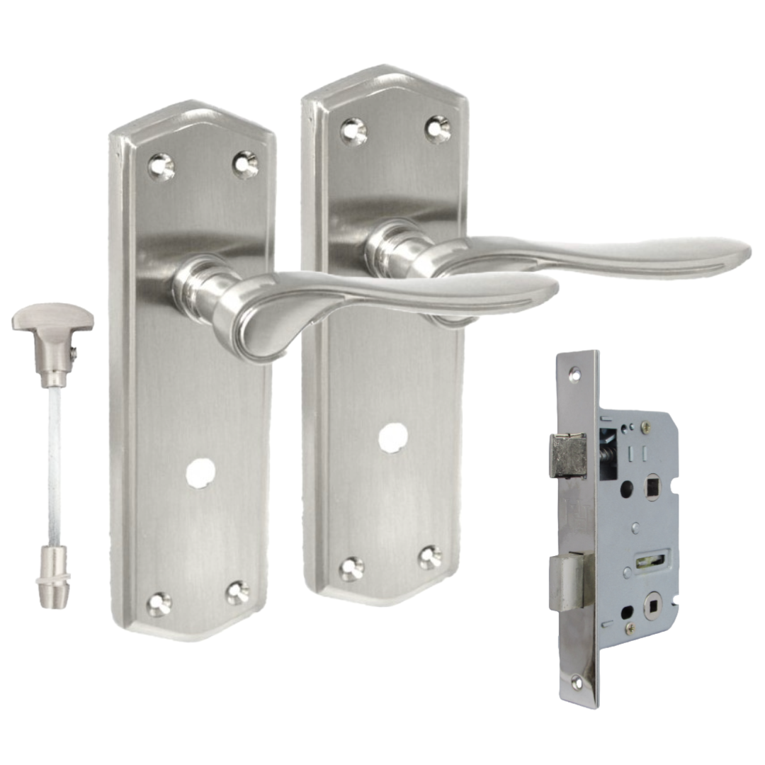Satin Finish Bathroom Door Handle On Shaped Backplate + Bath Lock