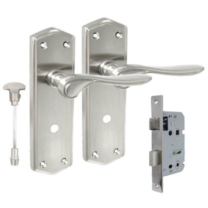 Satin Finish Bathroom Door Handle On Shaped Backplate + Bath Lock