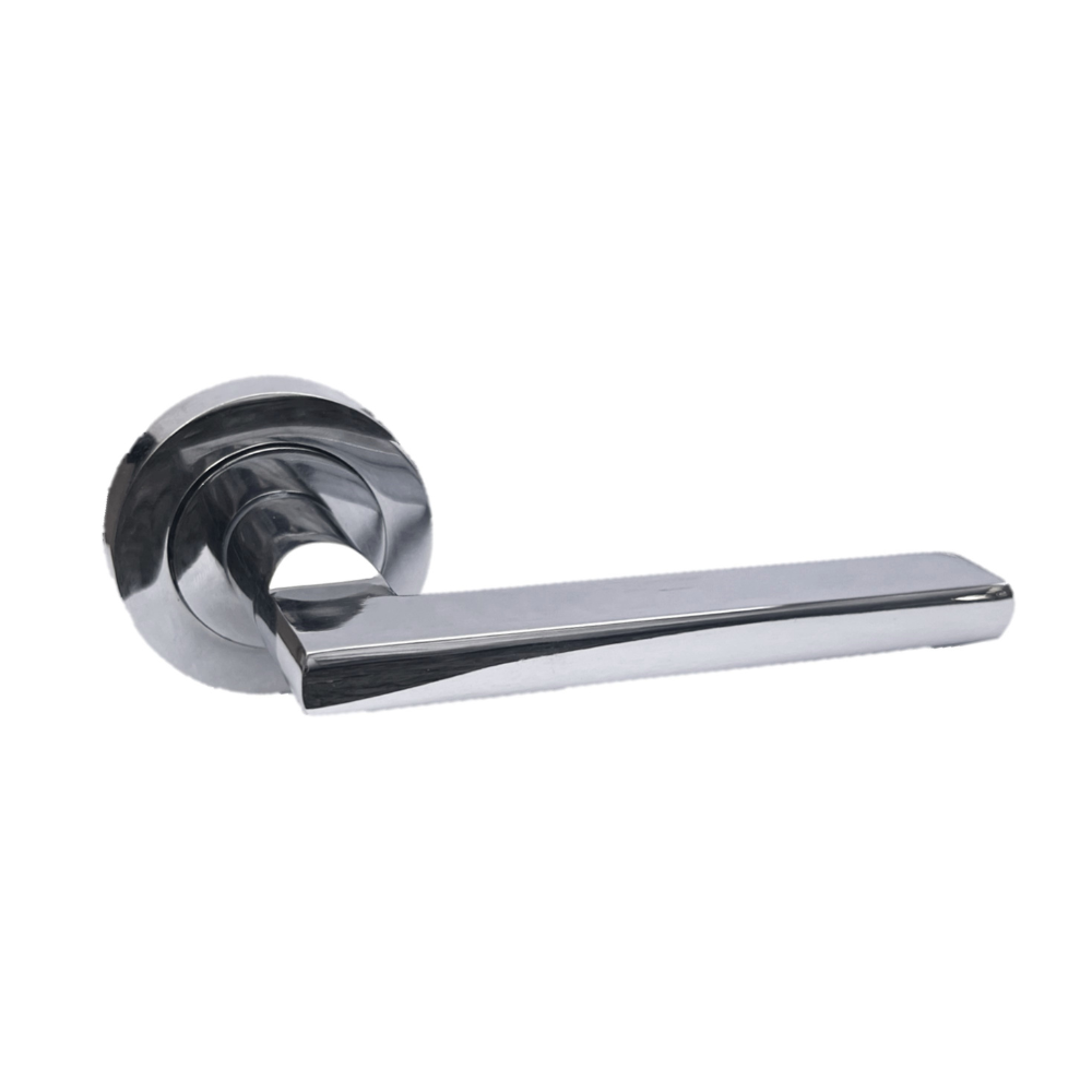 Polished Chrome Modern Lever on Round Rose Door Handles - 115mm handle with 52mm rose