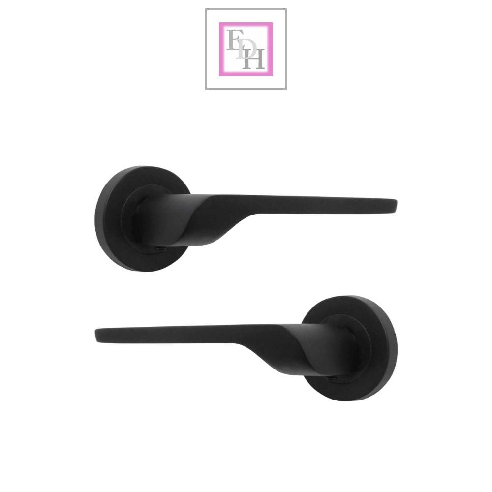Modern Matt Black Lever on Rose Plate Door Handle Set with Tubular Latch – 1 Pairs, 52mm Round Rose Plate & 127mm Lever Handle – Contemporary Interior Door Hardware