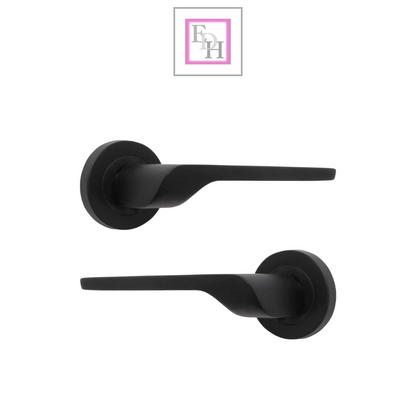 Modern Matt Black Lever on Rose Plate Door Handle Set with Tubular Latch – 1 Pairs, 52mm Round Rose Plate & 127mm Lever Handle – Contemporary Interior Door Hardware