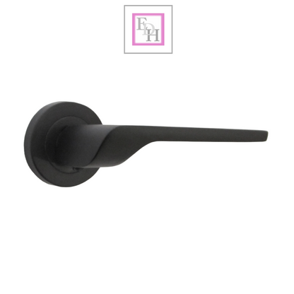 Modern Matt Black Lever on Rose Plate Door Handle Set with Tubular Latch – 1 Pairs, 52mm Round Rose Plate & 127mm Lever Handle – Contemporary Interior Door Hardware