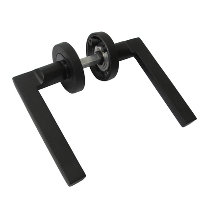Matt Black Modern Lever on Round Rose Door Handles - 115mm handle with 52mm rose
