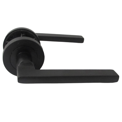 Matt Black Modern Lever on Round Rose Door Handles - 115mm handle with 52mm rose