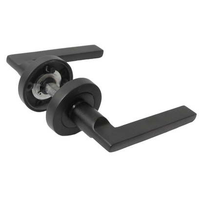 Matt Black Modern Lever on Round Rose Door Handles - 115mm handle with 52mm rose