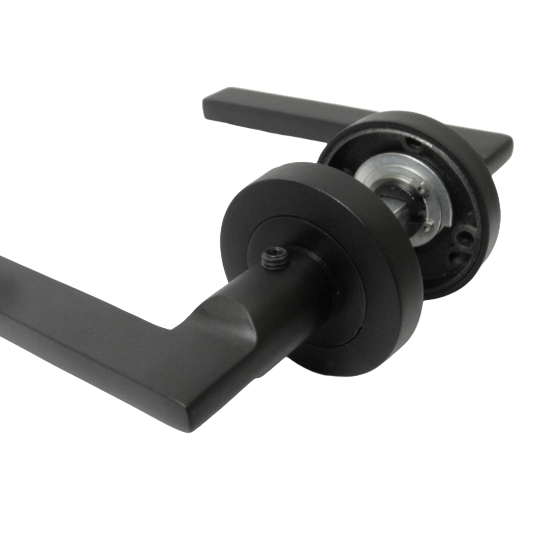 Matt Black Modern Lever on Round Rose Door Handles - 115mm handle with 52mm rose