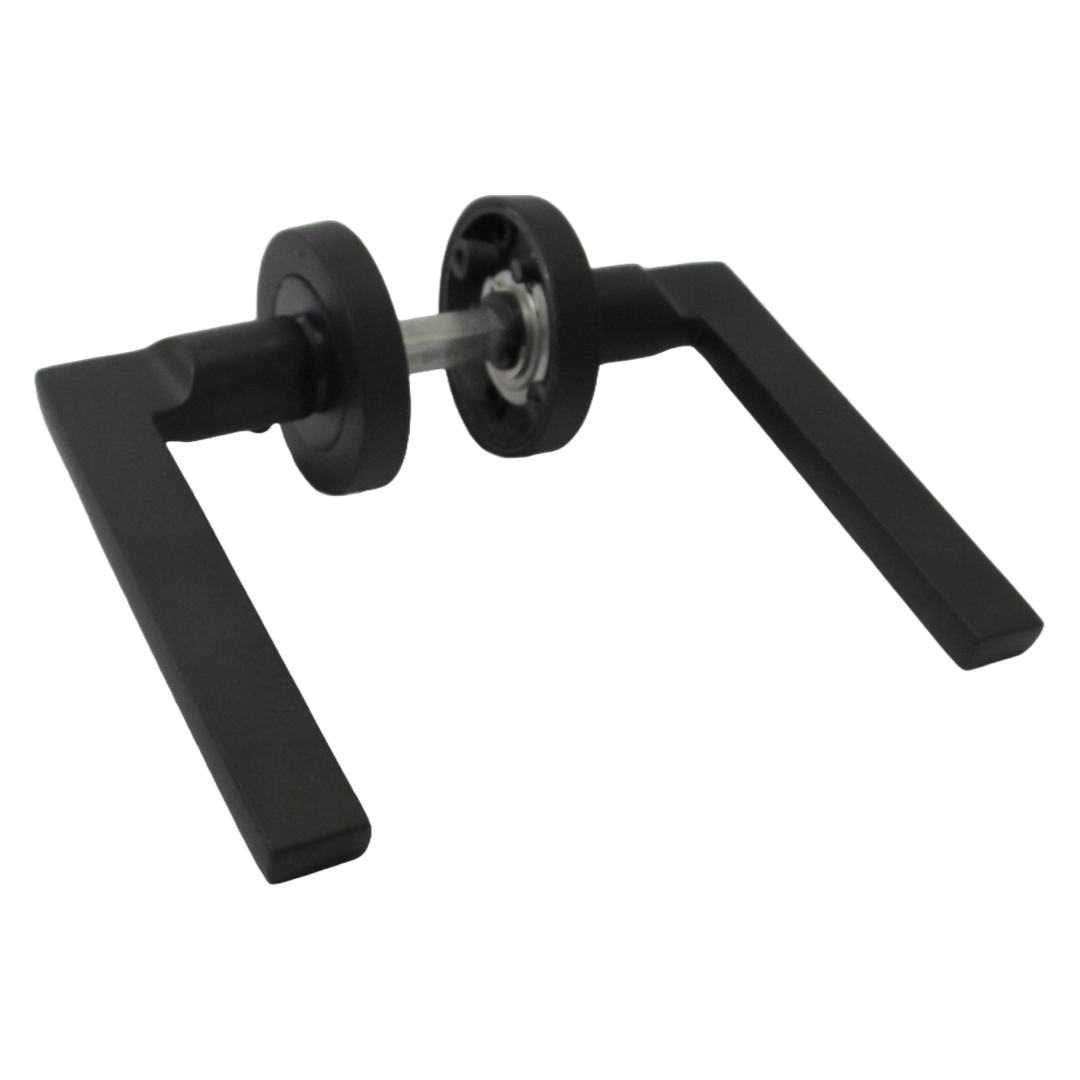 Matt Black Modern Lever on Round Rose Door Handles - 115mm handle with 52mm rose