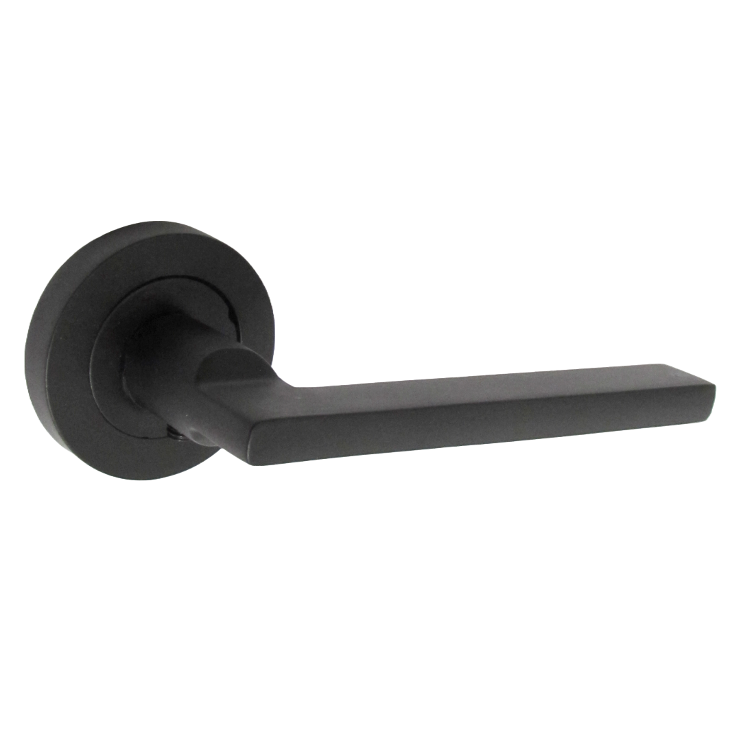 Matt Black Modern Lever on Round Rose Door Handles - 115mm handle with 52mm rose