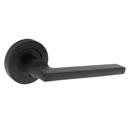 Matt Black Modern Lever on Round Rose Door Handles - 115mm handle with 52mm rose